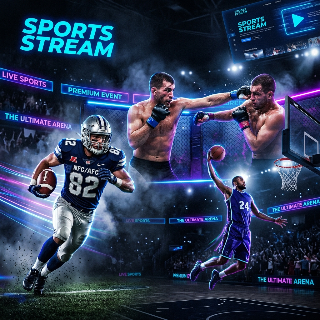 Cinematic collage of NFL, NBA, UFC and Nordic winter sports broadcasts in ultra-sharp 4K on a premium IPTV platform