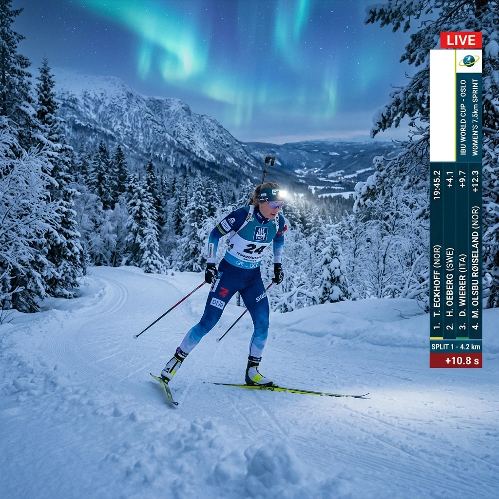 Norwegian winter sports biathlon broadcast on NRK and Viaplay streaming via IPTVStreamer Pro with snowy mountain backdrop